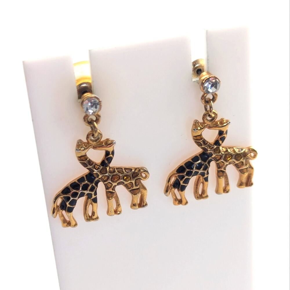 Vintage Gold Tone Enamel Rhinestone Figural Giraffe Love Post Stud Earrings